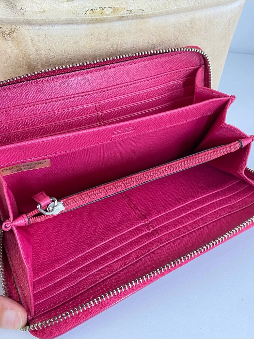 Coach Pink Signature Patent Leather Wallet with Heart Pendant